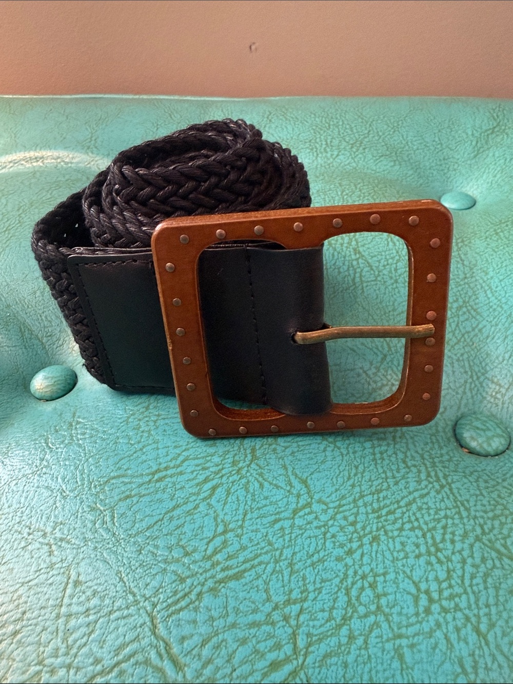 Set of two woven wide statement belts black and natural M/L boho cinching - Picture 4 of 11